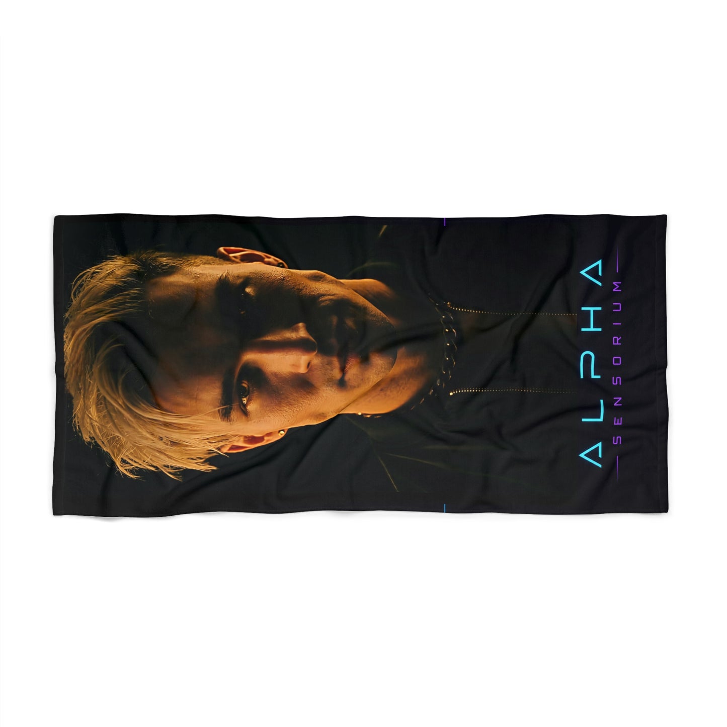 Alpha Sensorium Beach Towel — Dramatic Neon-Lit Face Print