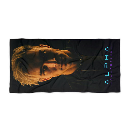 Alpha Sensorium Beach Towel — Dramatic Neon-Lit Face Print