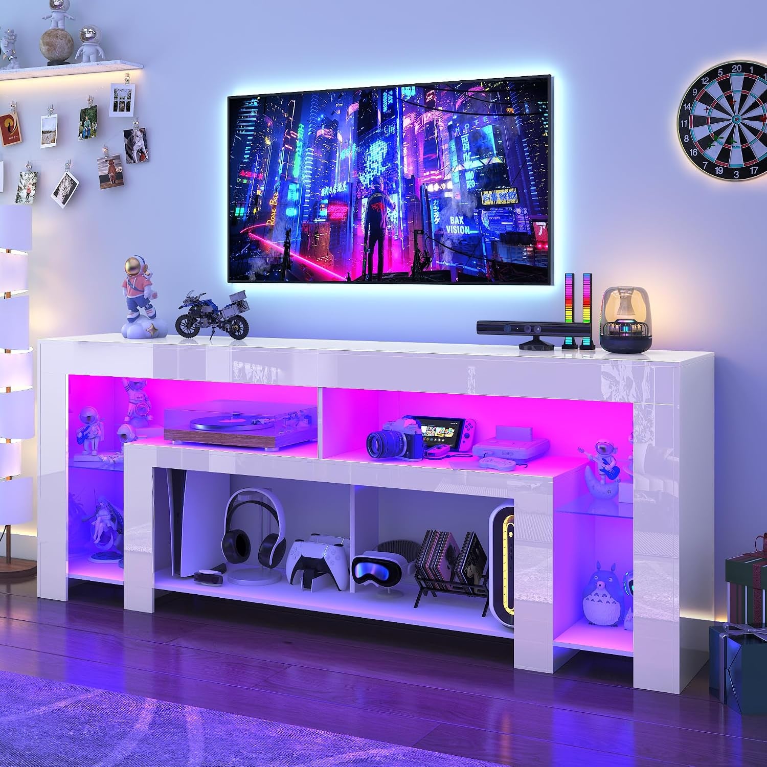 82" Modern High Gloss LED TV Stand for 95 Inch TV, Entertainment Center with LED Lights and Storage, TV Console Cabinet for Living Room, White