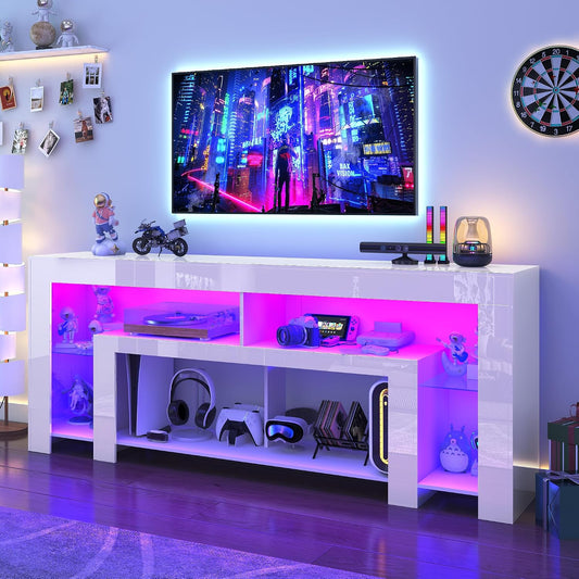 82" Modern High Gloss LED TV Stand for 95 Inch TV, Entertainment Center with LED Lights and Storage, TV Console Cabinet for Living Room, White