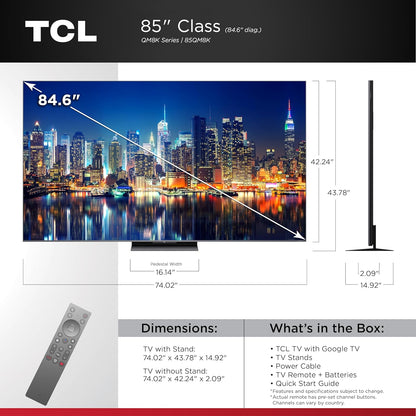 85 Inch Class QM8K Series | Mini LED QLED 4K HDR | 85QM8K, 2025 Model | 120HZ-144HZ anti Reflective Wide Angle Screen Smart Google TV Dolby Atmos | Voice Remote Alexa Gaming Streaming Television