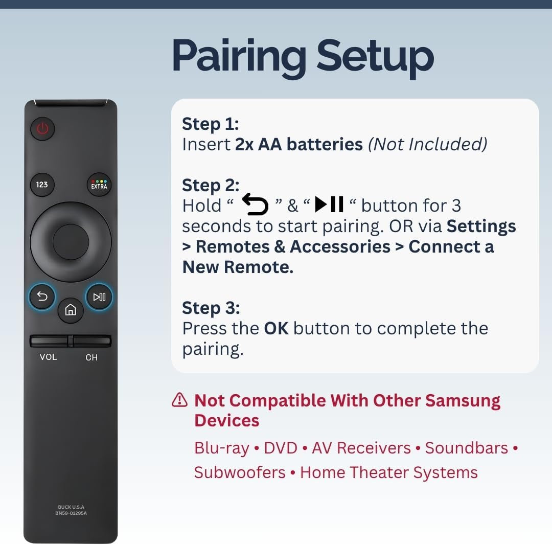 2 Pack BN59-01295A Samsung TV Remote Control Replacement for Smart TV - Easy Setup, Durable Design, Universal Remote - Works with Samsung Smart, QLED, UHD, 4K, Curved, LED, LCD, & HDTV Models