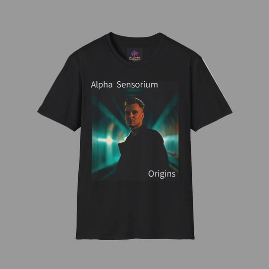 Black t-shirt with 'Alpha Sensorium Origins' design on a white background
