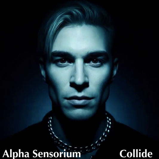 A stylized portrait of a man with short blond hair, wearing a silver chain necklace, set against a dark background with blue lighting. The text 'Alpha Sensorium' is on the left and 'Collide' is on the right.