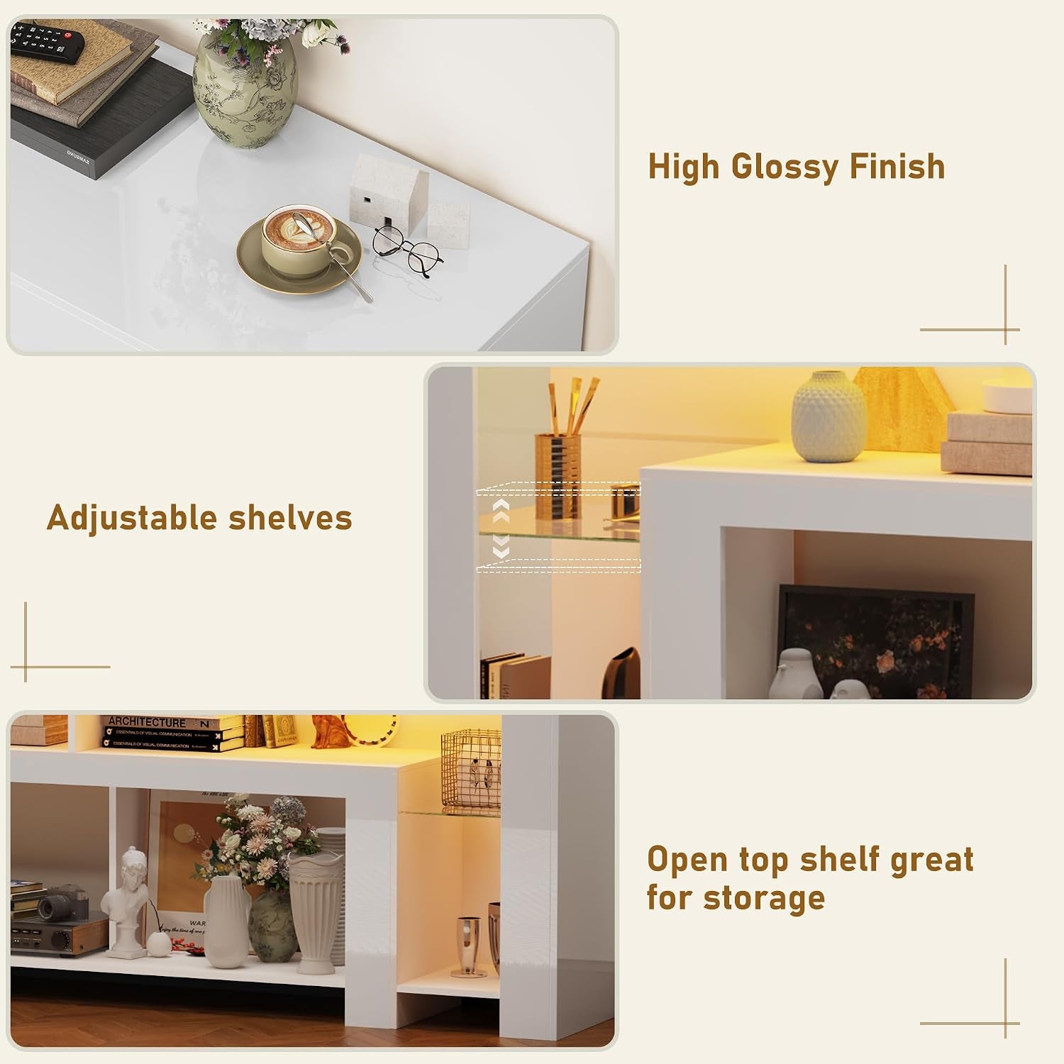 82" Modern High Gloss LED TV Stand for 95 Inch TV, Entertainment Center with LED Lights and Storage, TV Console Cabinet for Living Room, White