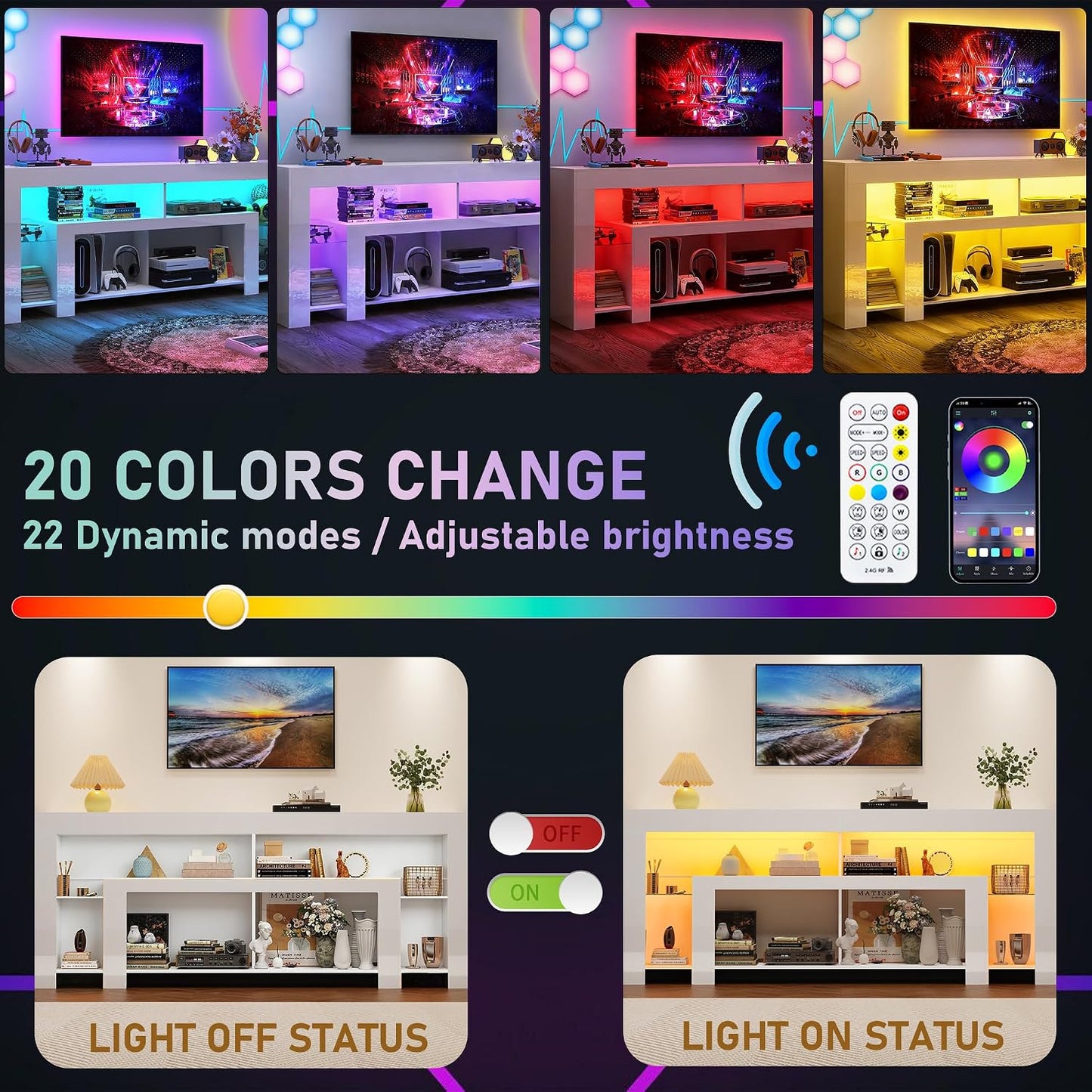 82" Modern High Gloss LED TV Stand for 95 Inch TV, Entertainment Center with LED Lights and Storage, TV Console Cabinet for Living Room, White