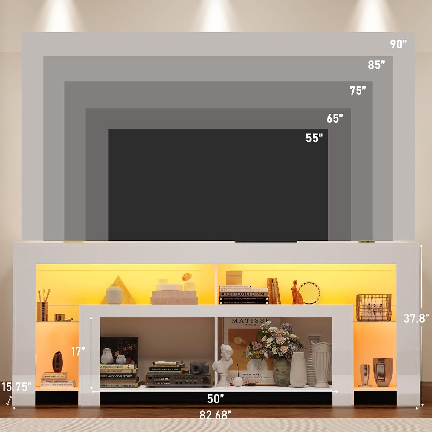 82" Modern High Gloss LED TV Stand for 95 Inch TV, Entertainment Center with LED Lights and Storage, TV Console Cabinet for Living Room, White