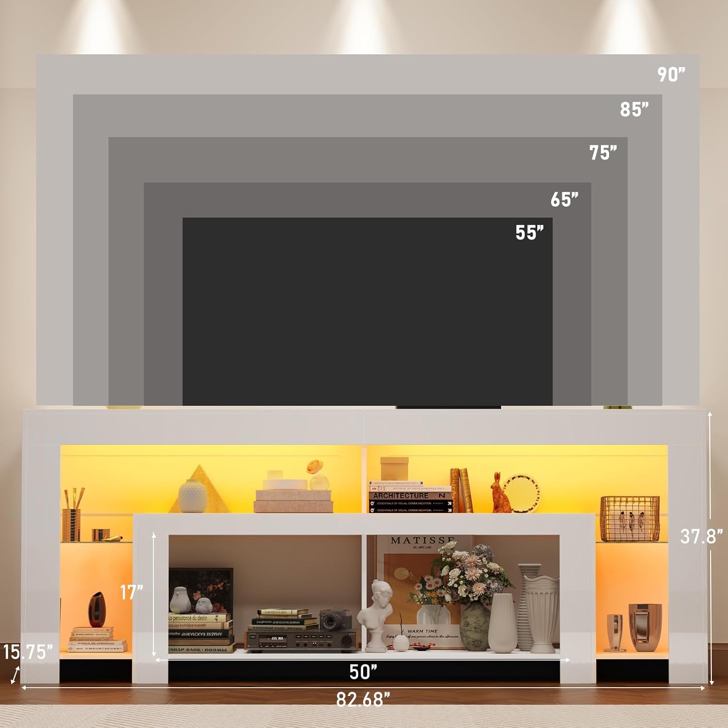 82" Modern High Gloss LED TV Stand for 95 Inch TV, Entertainment Center with LED Lights and Storage, TV Console Cabinet for Living Room, White
