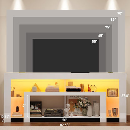 82" Modern High Gloss LED TV Stand for 95 Inch TV, Entertainment Center with LED Lights and Storage, TV Console Cabinet for Living Room, White