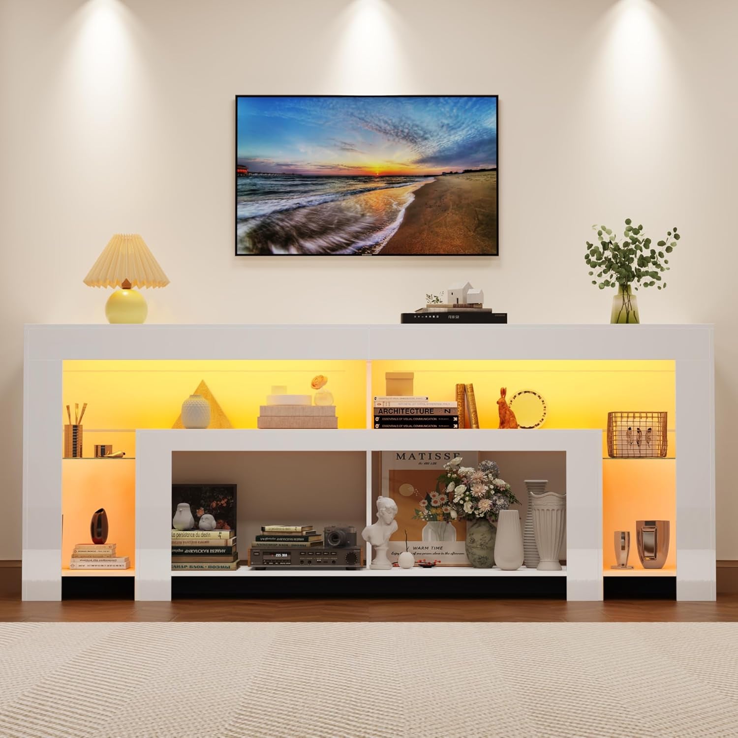 82" Modern High Gloss LED TV Stand for 95 Inch TV, Entertainment Center with LED Lights and Storage, TV Console Cabinet for Living Room, White