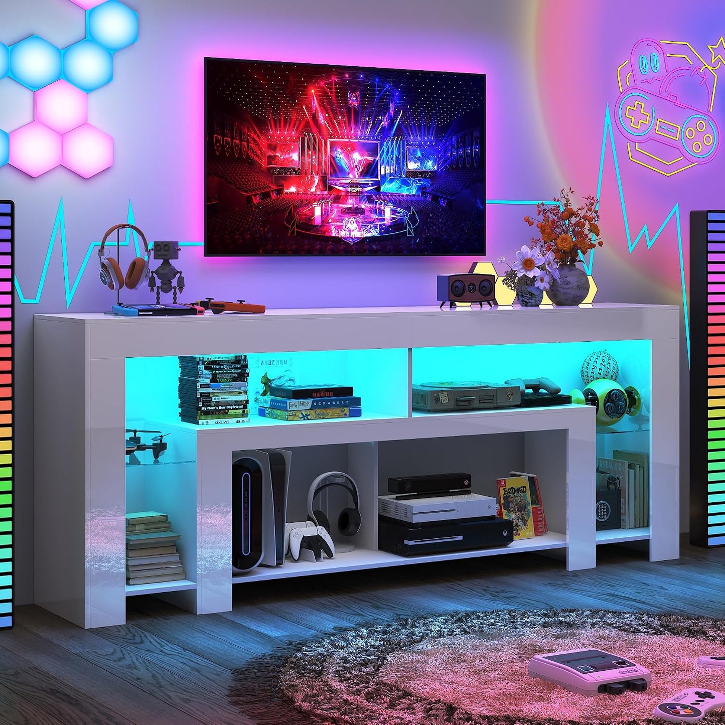82" Modern High Gloss LED TV Stand for 95 Inch TV, Entertainment Center with LED Lights and Storage, TV Console Cabinet for Living Room, White