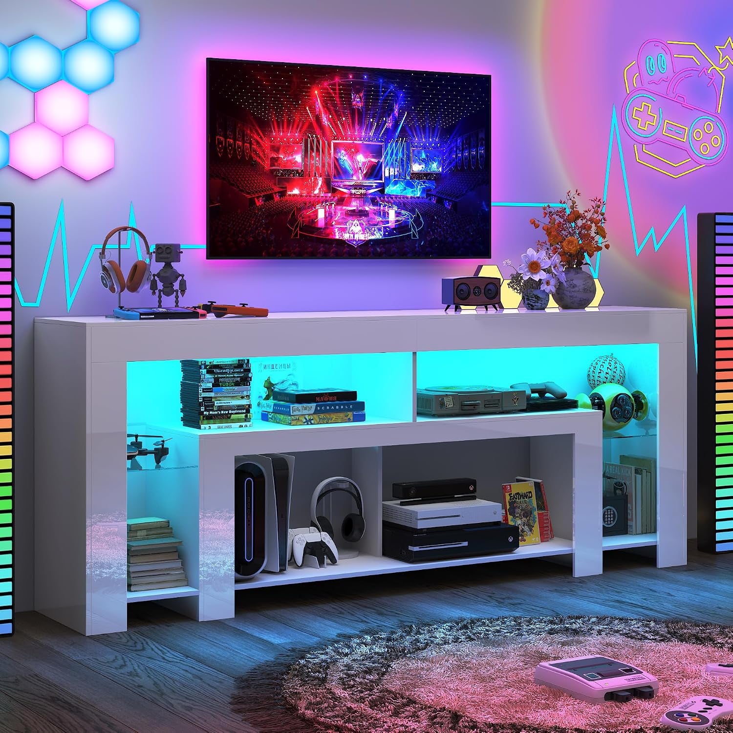 82" Modern High Gloss LED TV Stand for 95 Inch TV, Entertainment Center with LED Lights and Storage, TV Console Cabinet for Living Room, White