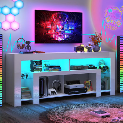82" Modern High Gloss LED TV Stand for 95 Inch TV, Entertainment Center with LED Lights and Storage, TV Console Cabinet for Living Room, White