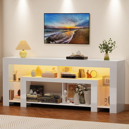82" Modern High Gloss LED TV Stand for 95 Inch TV, Entertainment Center with LED Lights and Storage, TV Console Cabinet for Living Room, White
